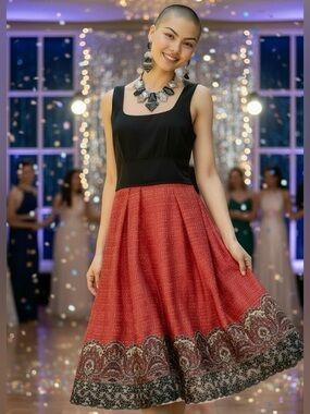 Fit & Flare Dress with Satin Black Top and Red Skirt with Paisley and Lace Trim